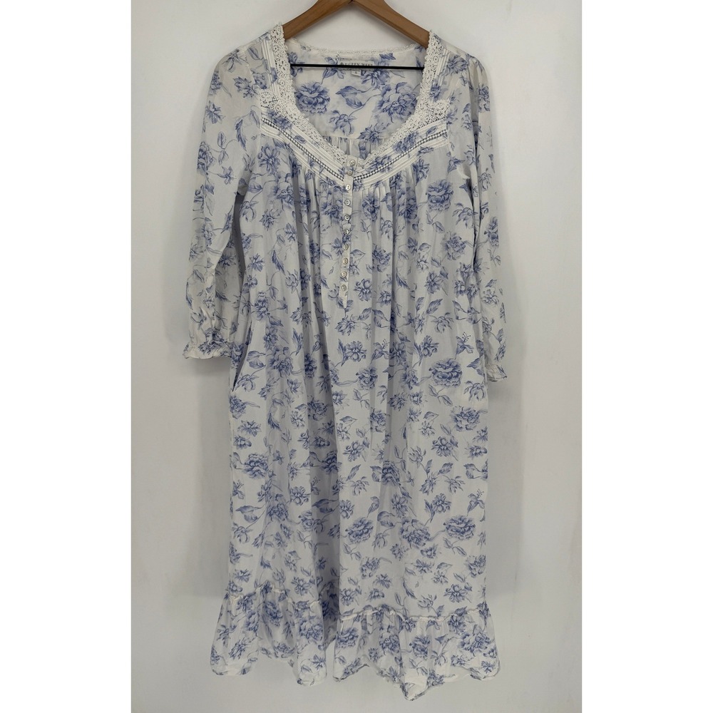 Eileen West Nightgown Small Blue Floral Cotton Lace Trim Grandmacore‎ Coastal